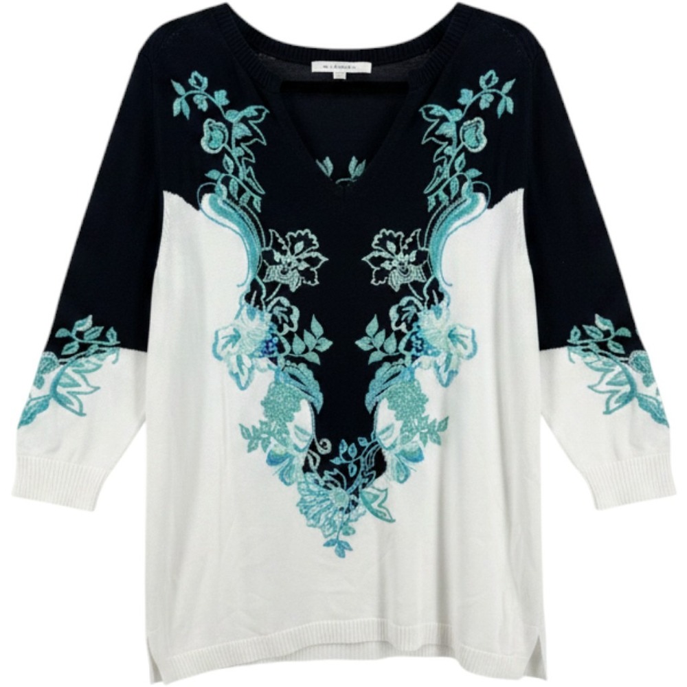 Chicos Women Navy White Floral Embroidered V-Neck Sweater 3/4 Sleeve Size 2‎ L